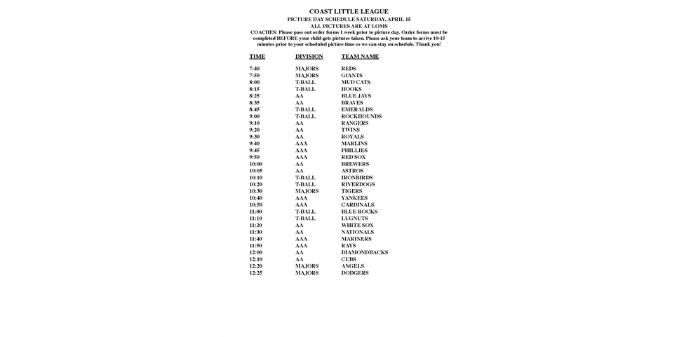 Picture Day - Saturday April 15